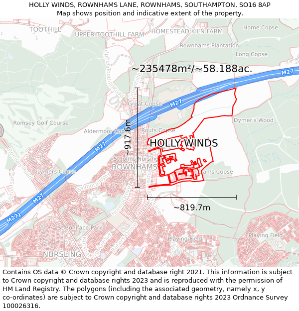 HOLLY WINDS, ROWNHAMS LANE, ROWNHAMS, SOUTHAMPTON, SO16 8AP: Plot and title map