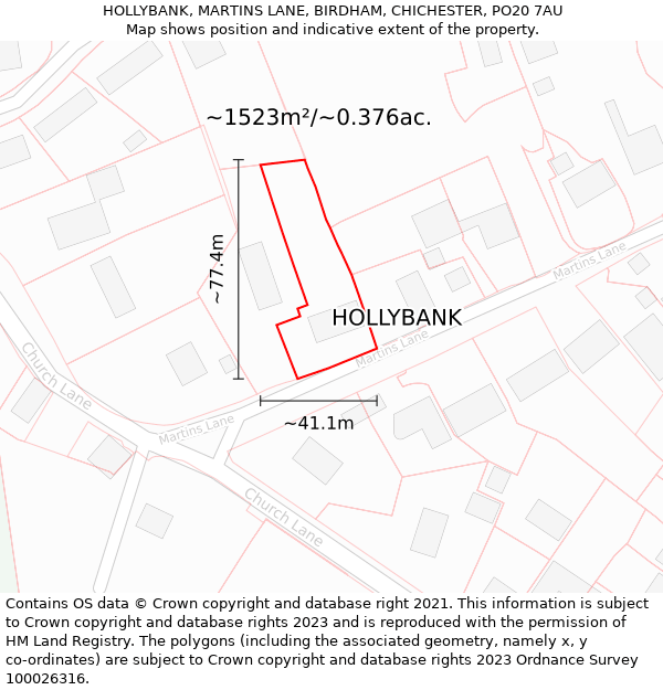 HOLLYBANK, MARTINS LANE, BIRDHAM, CHICHESTER, PO20 7AU: Plot and title map