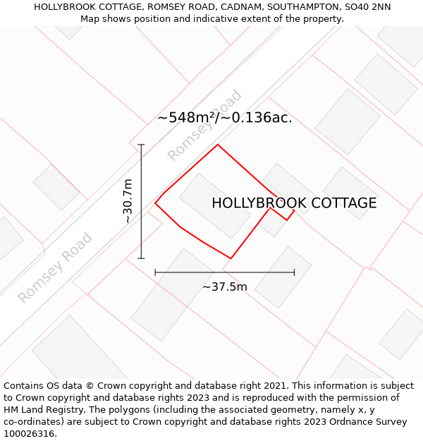 HOLLYBROOK COTTAGE, ROMSEY ROAD, CADNAM, SOUTHAMPTON, SO40 2NN: Plot and title map