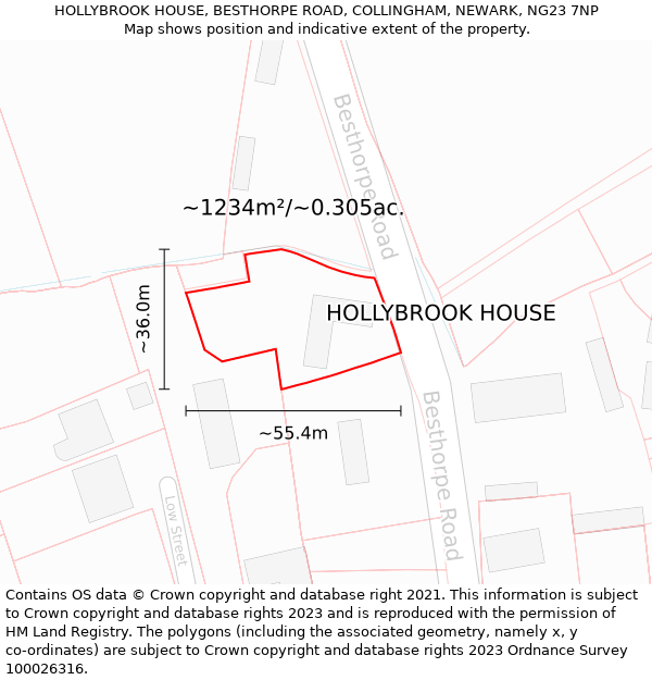 HOLLYBROOK HOUSE, BESTHORPE ROAD, COLLINGHAM, NEWARK, NG23 7NP: Plot and title map