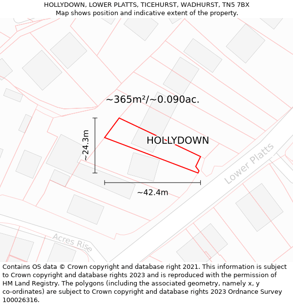 HOLLYDOWN, LOWER PLATTS, TICEHURST, WADHURST, TN5 7BX: Plot and title map