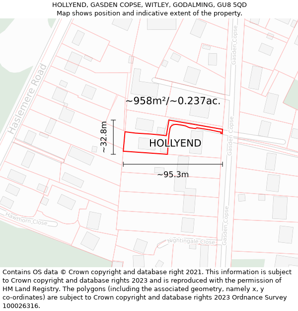 HOLLYEND, GASDEN COPSE, WITLEY, GODALMING, GU8 5QD: Plot and title map