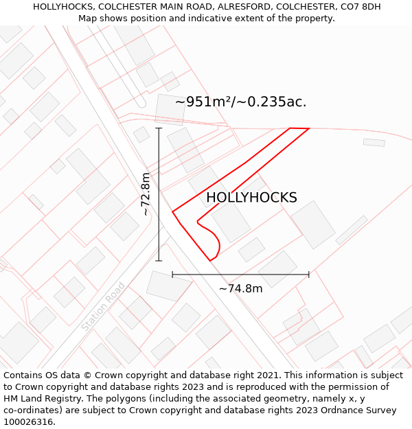 HOLLYHOCKS, COLCHESTER MAIN ROAD, ALRESFORD, COLCHESTER, CO7 8DH: Plot and title map