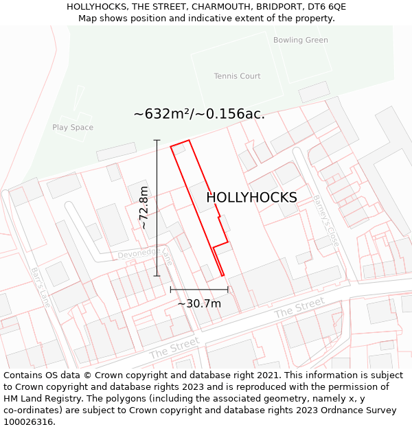 HOLLYHOCKS, THE STREET, CHARMOUTH, BRIDPORT, DT6 6QE: Plot and title map