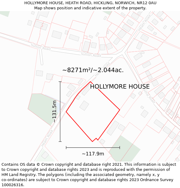 HOLLYMORE HOUSE, HEATH ROAD, HICKLING, NORWICH, NR12 0AU: Plot and title map