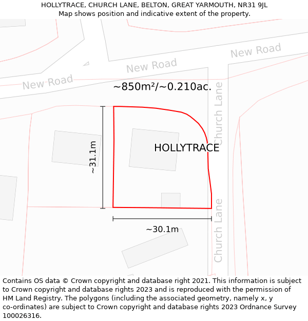 HOLLYTRACE, CHURCH LANE, BELTON, GREAT YARMOUTH, NR31 9JL: Plot and title map