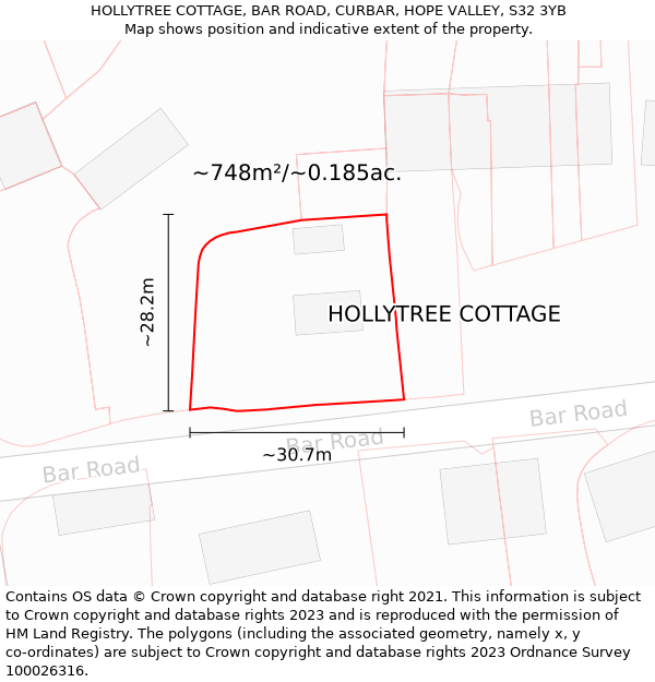 HOLLYTREE COTTAGE, BAR ROAD, CURBAR, HOPE VALLEY, S32 3YB: Plot and title map