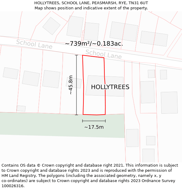 HOLLYTREES, SCHOOL LANE, PEASMARSH, RYE, TN31 6UT: Plot and title map