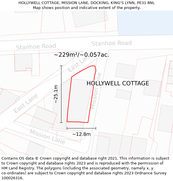 HOLLYWELL COTTAGE, MISSION LANE, DOCKING, KING'S LYNN, PE31 8NL: Plot and title map