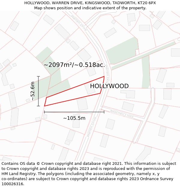 HOLLYWOOD, WARREN DRIVE, KINGSWOOD, TADWORTH, KT20 6PX: Plot and title map