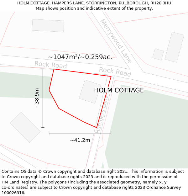 HOLM COTTAGE, HAMPERS LANE, STORRINGTON, PULBOROUGH, RH20 3HU: Plot and title map