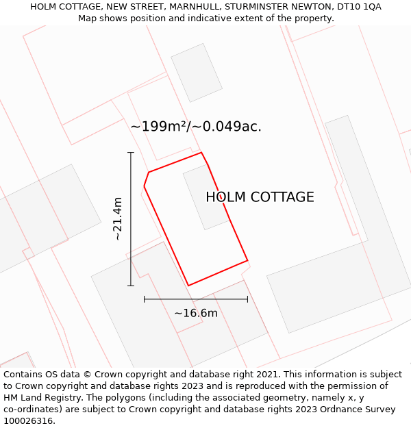 HOLM COTTAGE, NEW STREET, MARNHULL, STURMINSTER NEWTON, DT10 1QA: Plot and title map