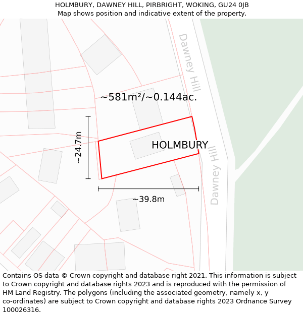 HOLMBURY, DAWNEY HILL, PIRBRIGHT, WOKING, GU24 0JB: Plot and title map