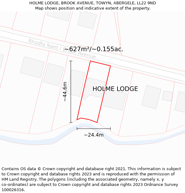 HOLME LODGE, BROOK AVENUE, TOWYN, ABERGELE, LL22 9ND: Plot and title map