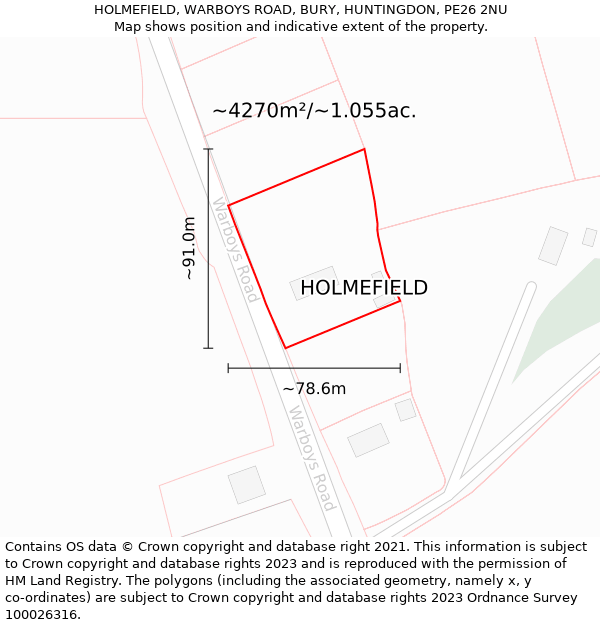 HOLMEFIELD, WARBOYS ROAD, BURY, HUNTINGDON, PE26 2NU: Plot and title map