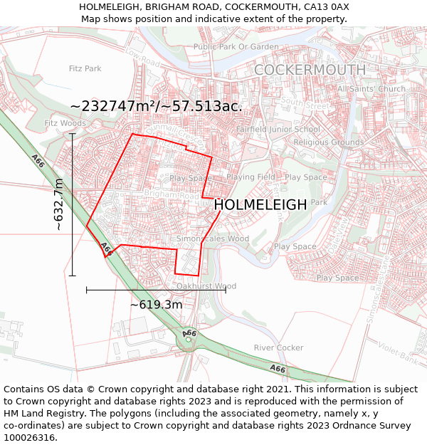 HOLMELEIGH, BRIGHAM ROAD, COCKERMOUTH, CA13 0AX: Plot and title map