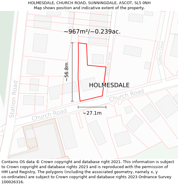 HOLMESDALE, CHURCH ROAD, SUNNINGDALE, ASCOT, SL5 0NH: Plot and title map