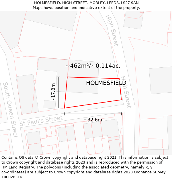 HOLMESFIELD, HIGH STREET, MORLEY, LEEDS, LS27 9AN: Plot and title map