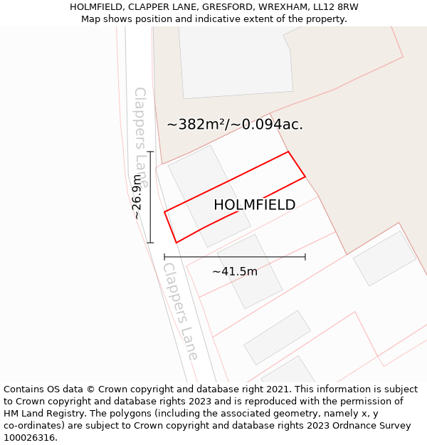 HOLMFIELD, CLAPPER LANE, GRESFORD, WREXHAM, LL12 8RW: Plot and title map