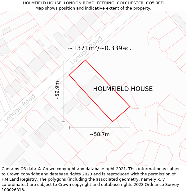 HOLMFIELD HOUSE, LONDON ROAD, FEERING, COLCHESTER, CO5 9ED: Plot and title map