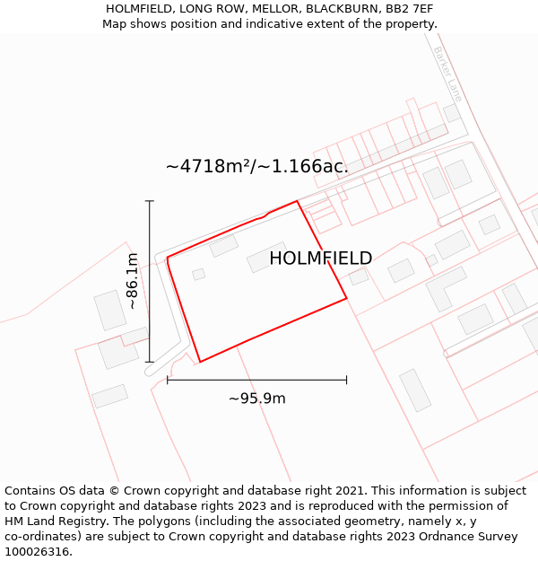 HOLMFIELD, LONG ROW, MELLOR, BLACKBURN, BB2 7EF: Plot and title map