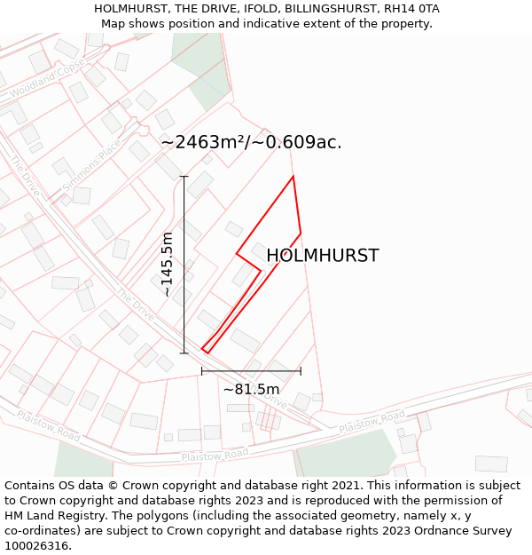 HOLMHURST, THE DRIVE, IFOLD, BILLINGSHURST, RH14 0TA: Plot and title map