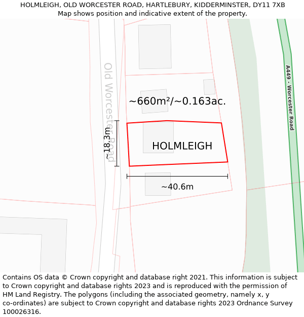 HOLMLEIGH, OLD WORCESTER ROAD, HARTLEBURY, KIDDERMINSTER, DY11 7XB: Plot and title map