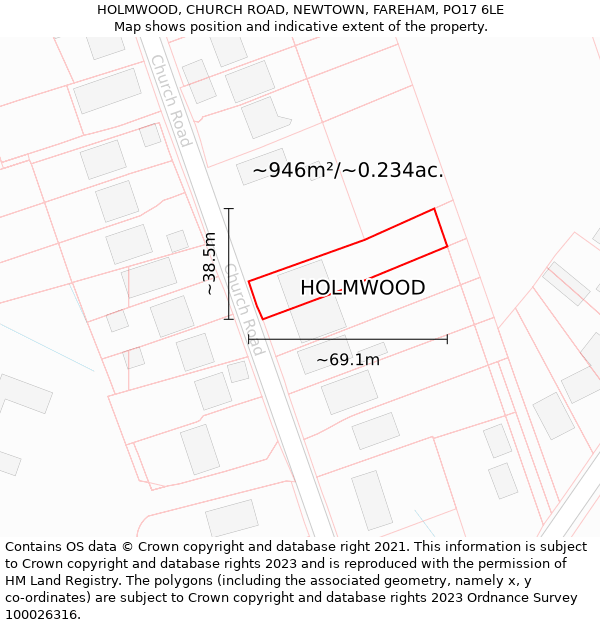 HOLMWOOD, CHURCH ROAD, NEWTOWN, FAREHAM, PO17 6LE: Plot and title map