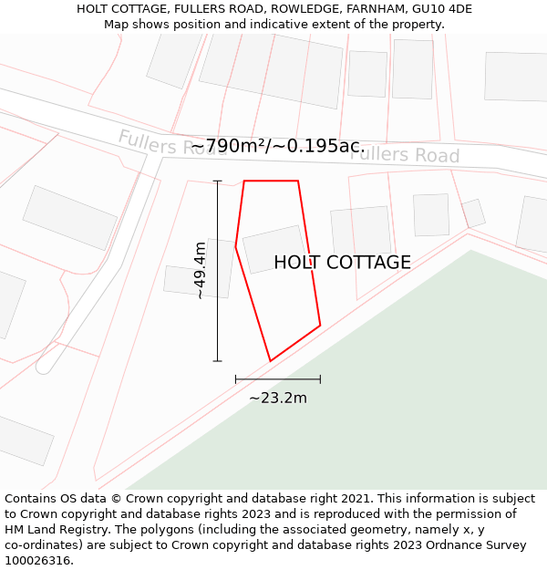 HOLT COTTAGE, FULLERS ROAD, ROWLEDGE, FARNHAM, GU10 4DE: Plot and title map