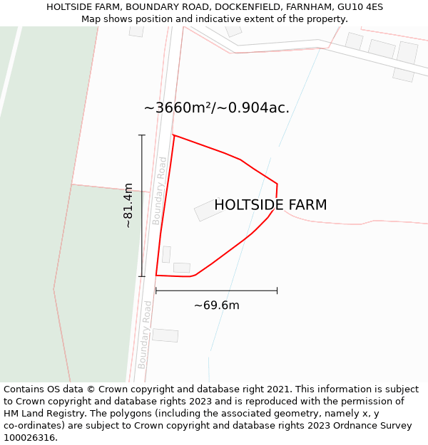 HOLTSIDE FARM, BOUNDARY ROAD, DOCKENFIELD, FARNHAM, GU10 4ES: Plot and title map