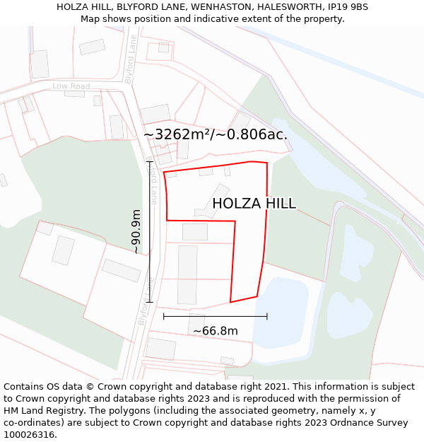 HOLZA HILL, BLYFORD LANE, WENHASTON, HALESWORTH, IP19 9BS: Plot and title map