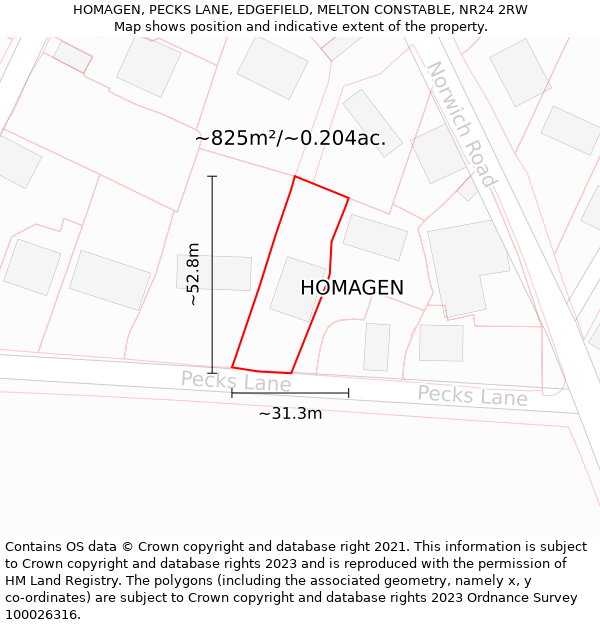 HOMAGEN, PECKS LANE, EDGEFIELD, MELTON CONSTABLE, NR24 2RW: Plot and title map