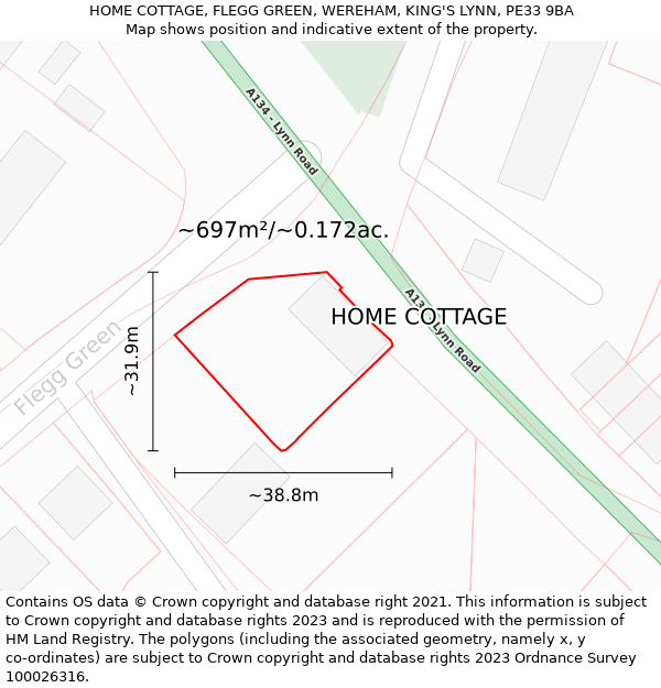 HOME COTTAGE, FLEGG GREEN, WEREHAM, KING'S LYNN, PE33 9BA: Plot and title map