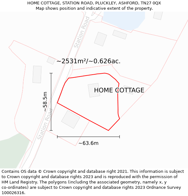 HOME COTTAGE, STATION ROAD, PLUCKLEY, ASHFORD, TN27 0QX: Plot and title map