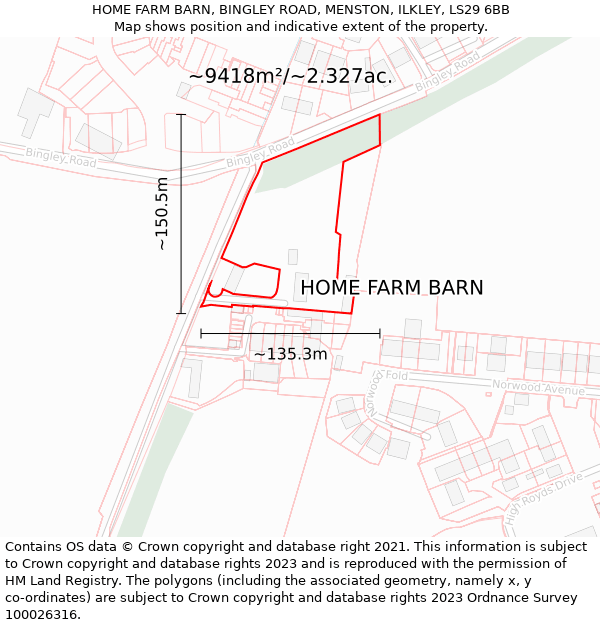 HOME FARM BARN, BINGLEY ROAD, MENSTON, ILKLEY, LS29 6BB: Plot and title map