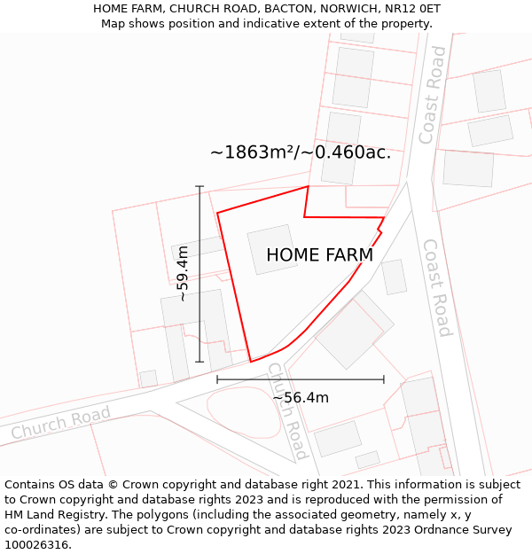 HOME FARM, CHURCH ROAD, BACTON, NORWICH, NR12 0ET: Plot and title map