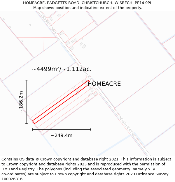 HOMEACRE, PADGETTS ROAD, CHRISTCHURCH, WISBECH, PE14 9PL: Plot and title map