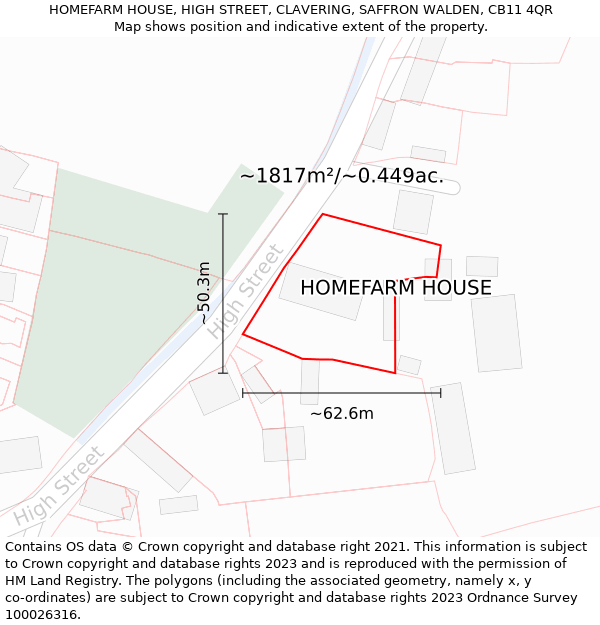 HOMEFARM HOUSE, HIGH STREET, CLAVERING, SAFFRON WALDEN, CB11 4QR: Plot and title map