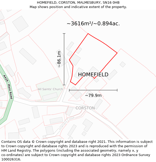 HOMEFIELD, CORSTON, MALMESBURY, SN16 0HB: Plot and title map