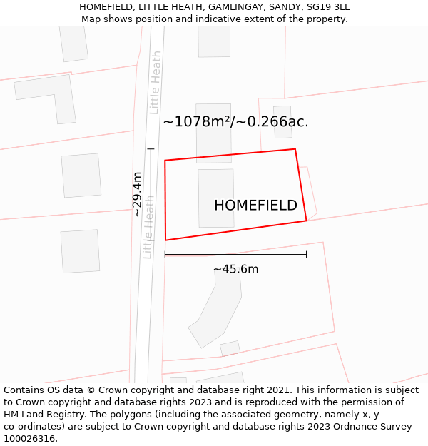 HOMEFIELD, LITTLE HEATH, GAMLINGAY, SANDY, SG19 3LL: Plot and title map