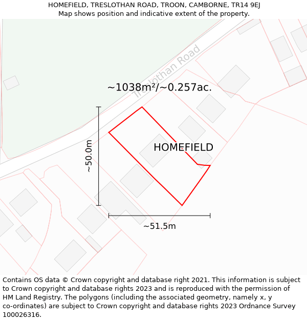 HOMEFIELD, TRESLOTHAN ROAD, TROON, CAMBORNE, TR14 9EJ: Plot and title map