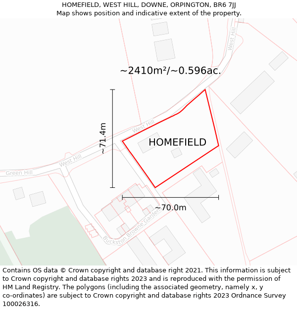 HOMEFIELD, WEST HILL, DOWNE, ORPINGTON, BR6 7JJ: Plot and title map