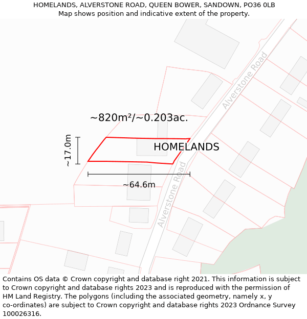 HOMELANDS, ALVERSTONE ROAD, QUEEN BOWER, SANDOWN, PO36 0LB: Plot and title map