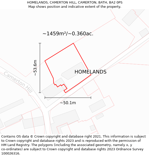 HOMELANDS, CAMERTON HILL, CAMERTON, BATH, BA2 0PS: Plot and title map