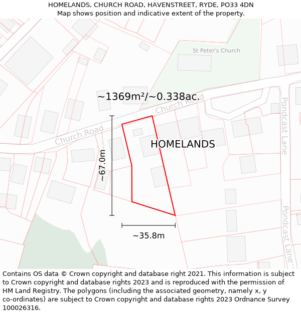 HOMELANDS, CHURCH ROAD, HAVENSTREET, RYDE, PO33 4DN: Plot and title map