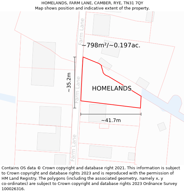 HOMELANDS, FARM LANE, CAMBER, RYE, TN31 7QY: Plot and title map