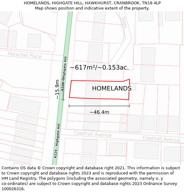 HOMELANDS, HIGHGATE HILL, HAWKHURST, CRANBROOK, TN18 4LP: Plot and title map