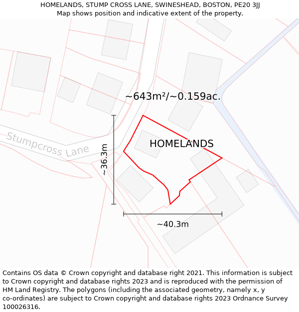 HOMELANDS, STUMP CROSS LANE, SWINESHEAD, BOSTON, PE20 3JJ: Plot and title map