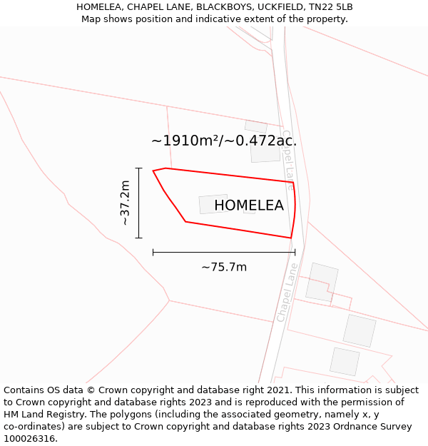 HOMELEA, CHAPEL LANE, BLACKBOYS, UCKFIELD, TN22 5LB: Plot and title map