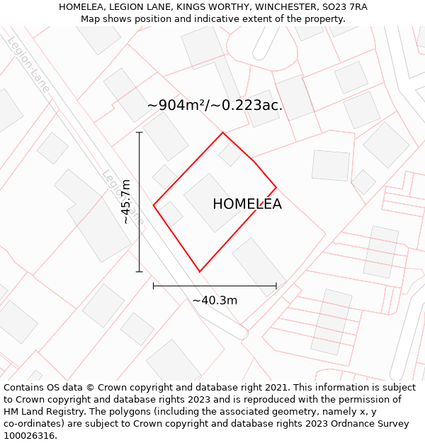 HOMELEA, LEGION LANE, KINGS WORTHY, WINCHESTER, SO23 7RA: Plot and title map